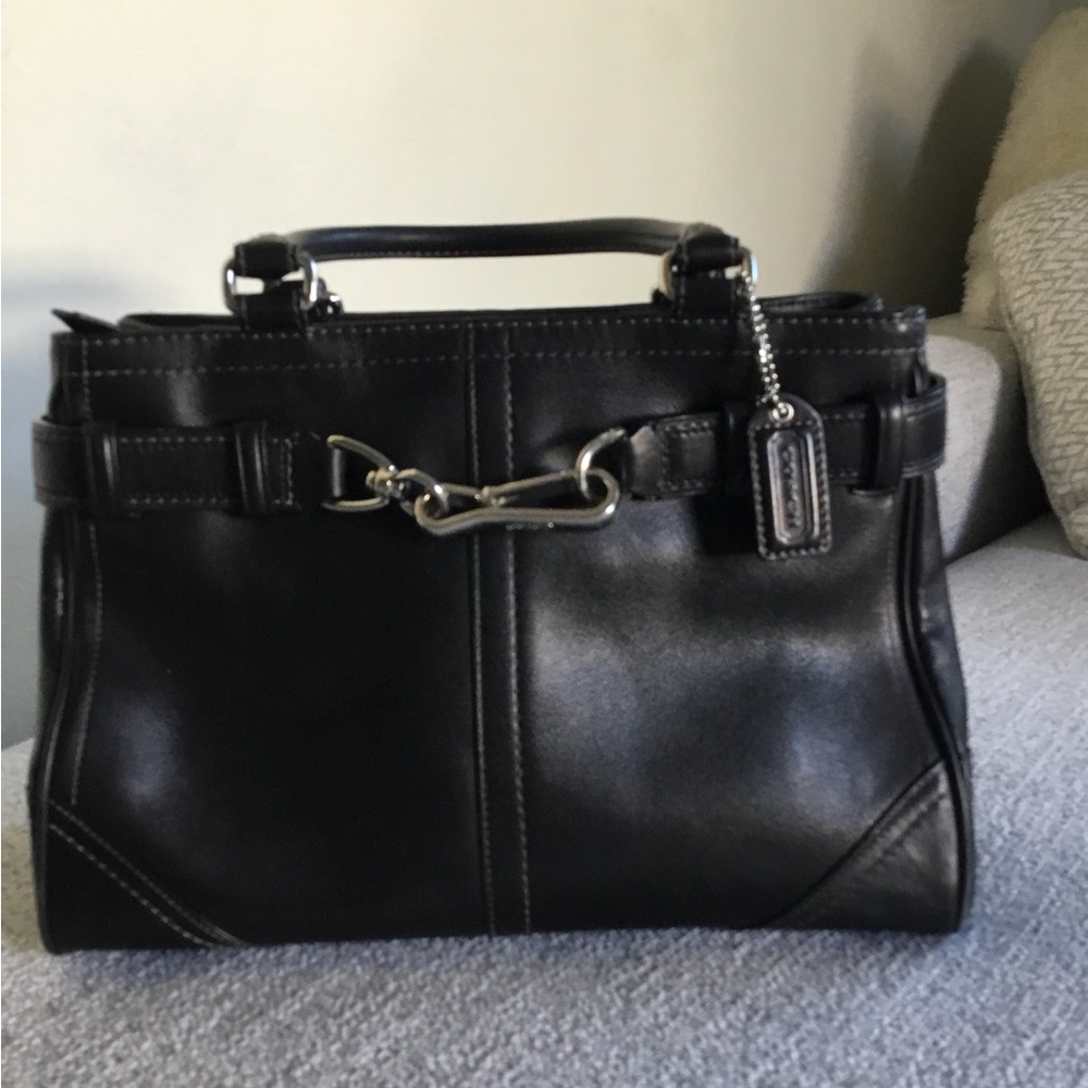 Coach Black Leather Top-Handle Satchel with Silver Hardware
